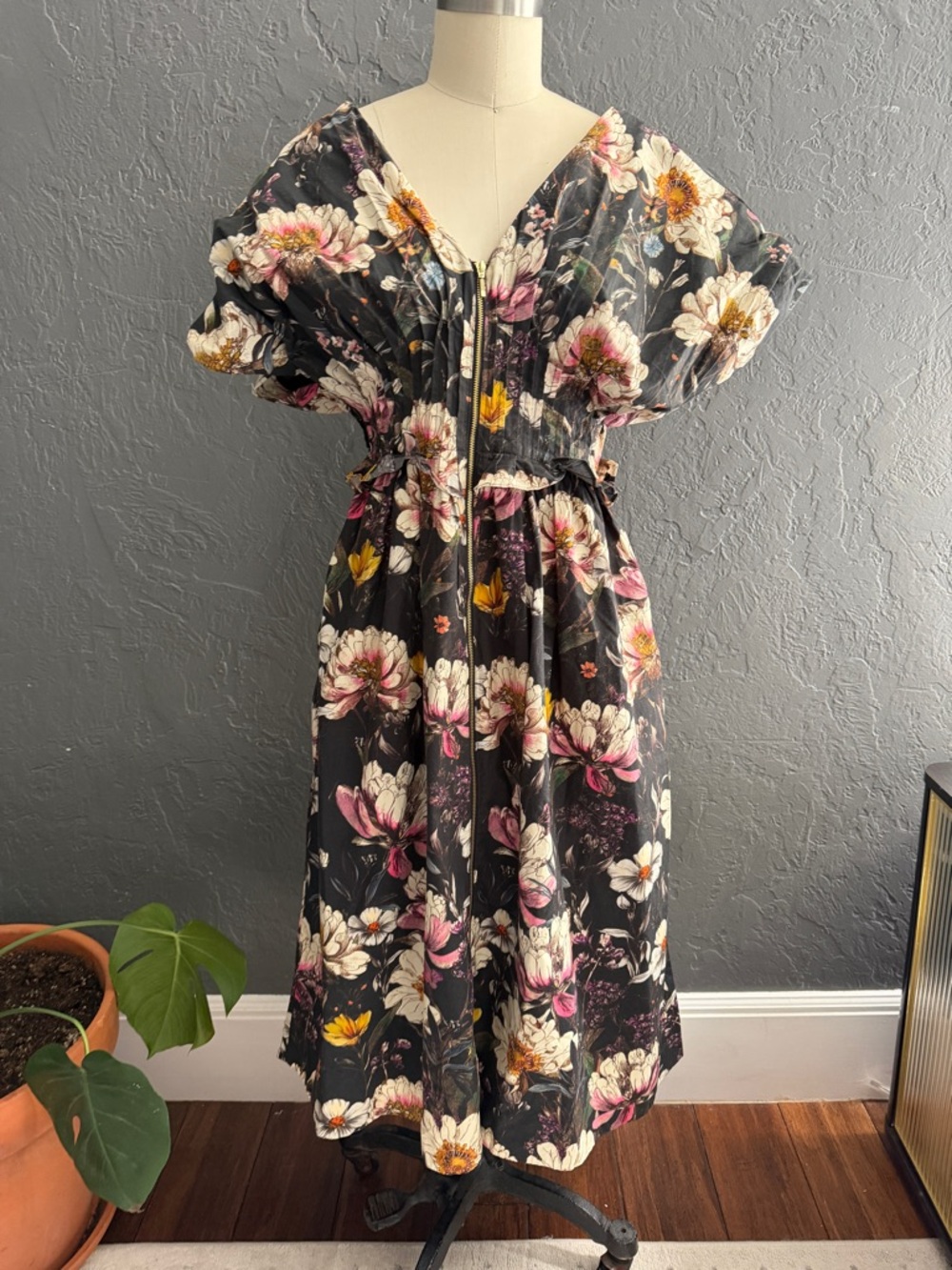 Anthropologie Black Floral Midi Dress with Pink & Cream Blooms